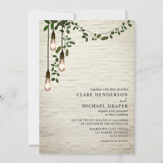 ヴィンテージ電球ボタニカルガーランド結婚ズ 招待状 (正面)