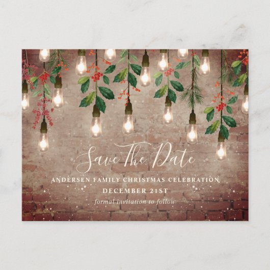 ヴィンテージ電球レンガのクリスマス日付Hを保存 シーズンポストカード (正面)