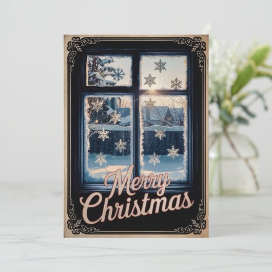 ヴィンテージ霜の降りた冬の窓クリスマスの挨拶 シーズンカード (スタンド正面)