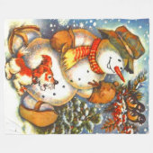 ヴィンテージ霜の降りた雪だるまAクリスマス フリースブランケット (正面(横))