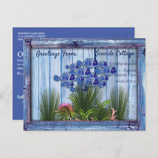 ヴィンテージ青い木、魚、ピンクの珊瑚 ポストカード (正面/裏面)