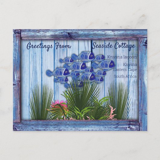 ヴィンテージ青い木、魚、ピンクの珊瑚 ポストカード (正面)