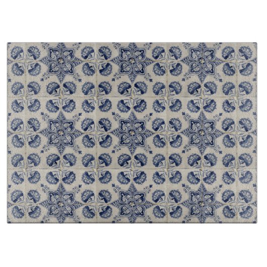 ヴィンテージ青い白の幾何学模様 カッティングボード (正面)