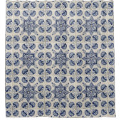 ヴィンテージ青い白の幾何学模様 シャワーカーテン (正面)