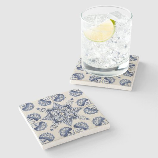 ヴィンテージ青い白の幾何学模様 ストーンコースター (横)