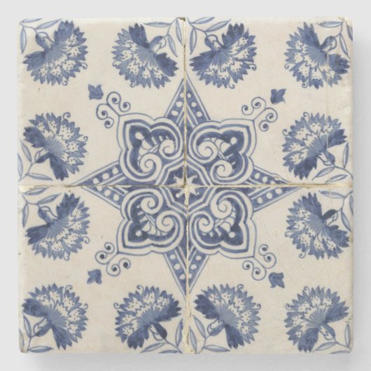 ヴィンテージ青い白の幾何学模様 ストーンコースター (正面)