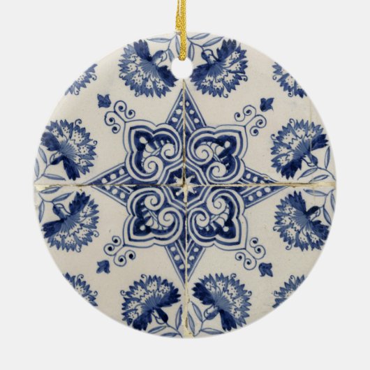 ヴィンテージ青い白の幾何学模様 セラミックオーナメント (裏面)