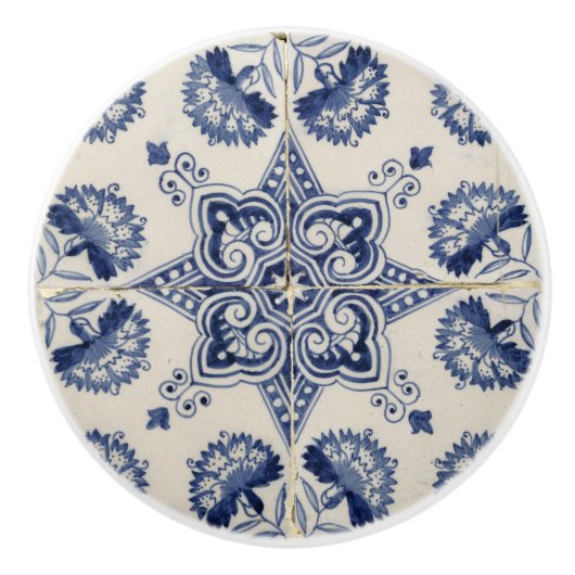 ヴィンテージ青い白の幾何学模様 セラミックノブ (正面)