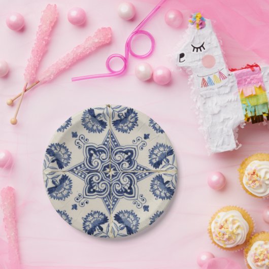 ヴィンテージ青い白の幾何学模様 ペーパープレート (パーティー)