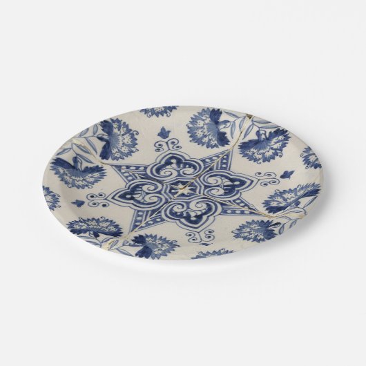 ヴィンテージ青い白の幾何学模様 ペーパープレート (アングル)