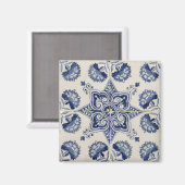 ヴィンテージ青い白の幾何学模様 マグネット (正面/裏面)