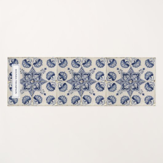 ヴィンテージ青い白の幾何学模様 ヨガマット (正面(横))