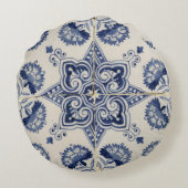 ヴィンテージ青い白の幾何学模様 ラウンドクッション (裏面)