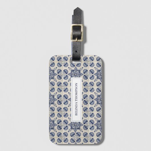 ヴィンテージ青い白の幾何学模様 ラゲッジタグ (正面縦)