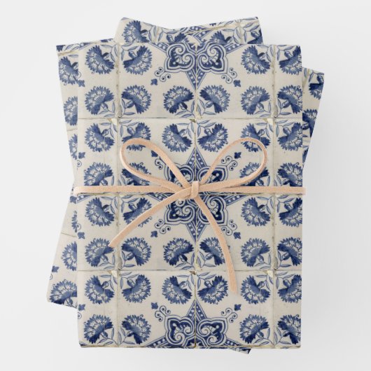 ヴィンテージ青い白の幾何学模様 ラッピングペーパーシート (インサイチュ)