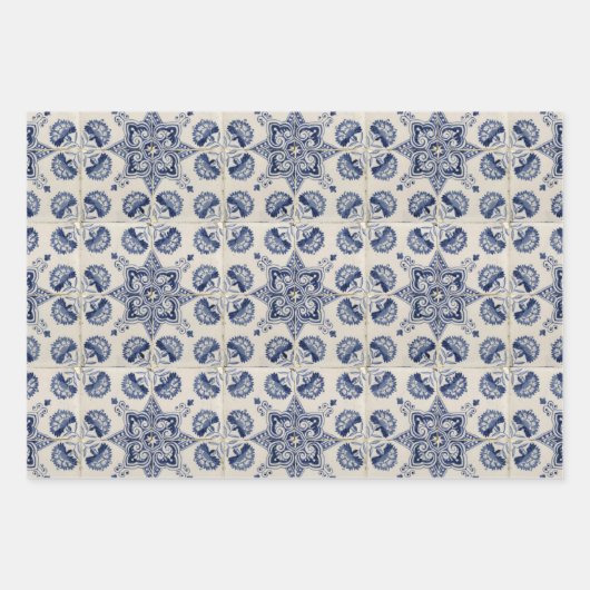 ヴィンテージ青い白の幾何学模様 ラッピングペーパーシート (正面)