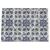 ヴィンテージ青い白の幾何学模様 ラージペーパーバッグ (正面)