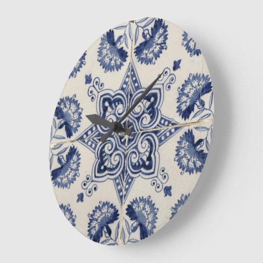 ヴィンテージ青い白の幾何学模様 ラージ壁時計 (傾斜)