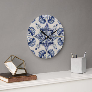 ヴィンテージ青い白の幾何学模様 ラージ壁時計