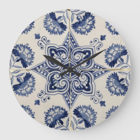 ヴィンテージ青い白の幾何学模様 ラージ壁時計 (正面)