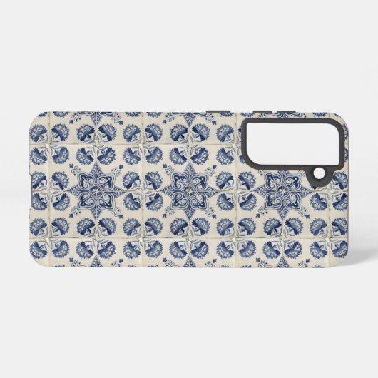 ヴィンテージ青い白の幾何学模様 SAMSUNG GALAXYケース (裏面横)