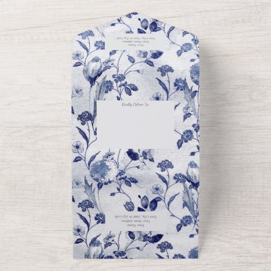 ヴィンテージ青い花とつる植物 オールインワン招待状 (外側)