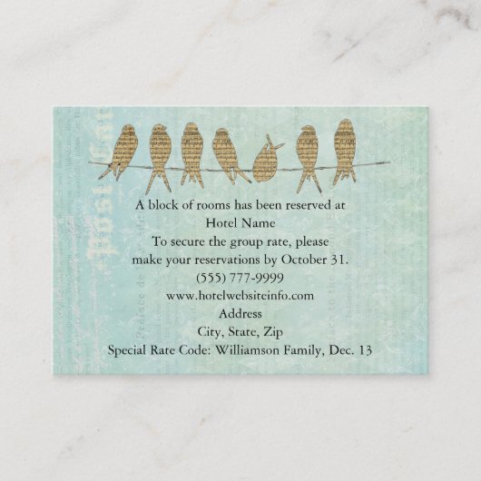 ヴィンテージ青い音楽鳥のホテルおよび方向カード 名刺 (正面)