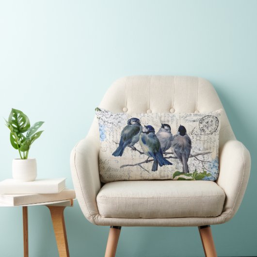 ヴィンテージ青い鳥の花イタリアン腰枕 ランバークッション (椅子)