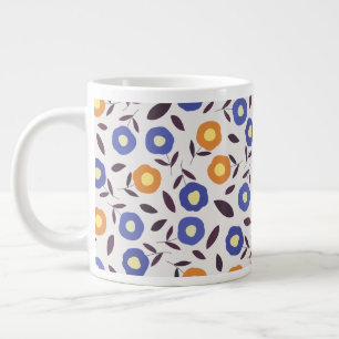 ヴィンテージ青とオレンジの花の模様 ジャンボコーヒーマグカップ