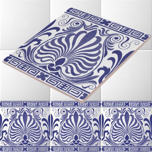 ヴィンテージ青と白のギリシャのフリーズパターン タイル