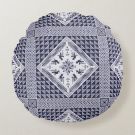 ヴィンテージ青と白のタスリーズパターン ラウンドクッション
