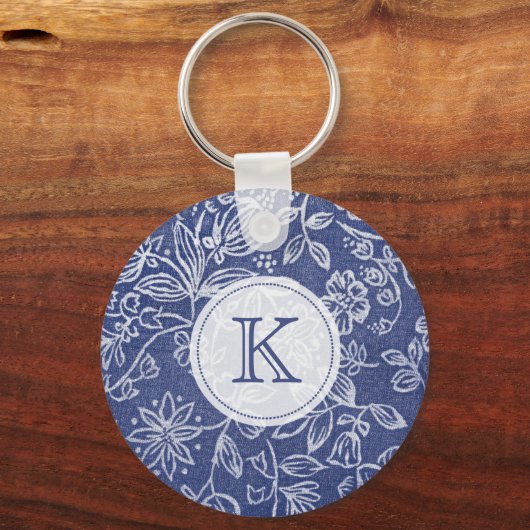 ヴィンテージ青と白のフローラ モノグラムの キーホルダー (正面)
