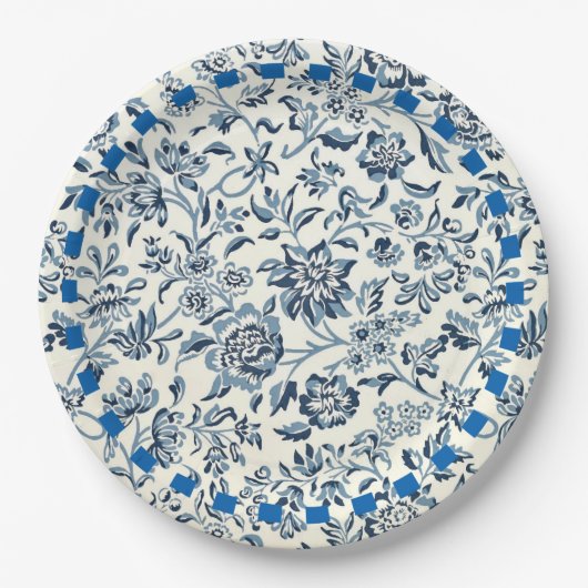 ヴィンテージ青と白の花柄 ペーパープレート (正面)