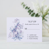 ヴィンテージ青と薄紫の花RSVPカード 出欠カード (スタンド正面)