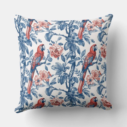 ヴィンテージ青と赤のチャイノアイズリーのオウムと花 クッション (裏面)