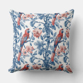 ヴィンテージ青と赤のチャイノアイズリーのオウムと花 クッション (正面)