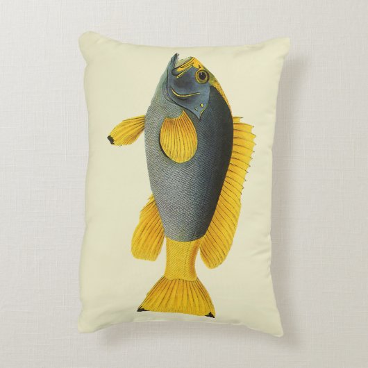 ヴィンテージ青と黄色のハタの魚、海洋生物 アクセントクッション (裏面(縦))
