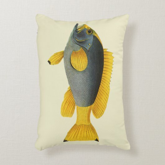 ヴィンテージ青と黄色のハタの魚、海洋生物 アクセントクッション (正面(垂直))