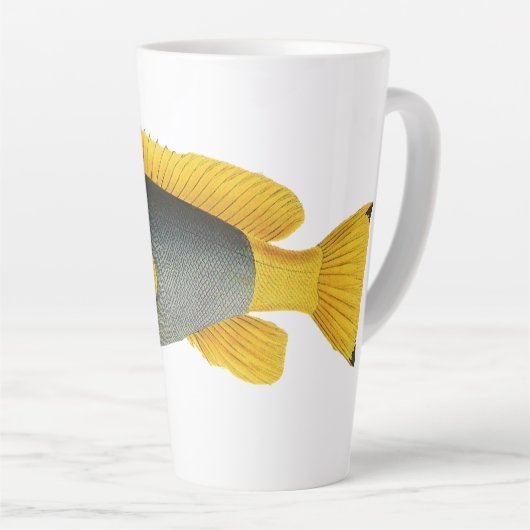 ヴィンテージ青と黄色のハタの魚、海洋生物 カフェラテマグ (右アングル)