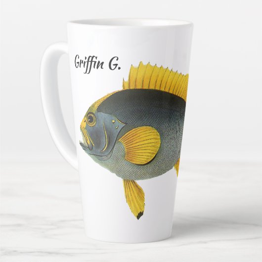 ヴィンテージ青と黄色のハタの魚、海洋生物 カフェラテマグ (左アングル)