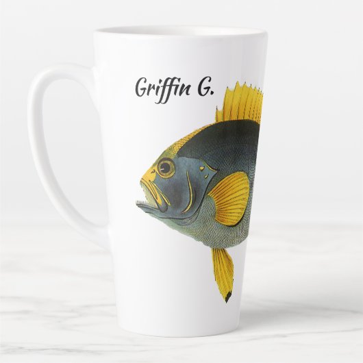 ヴィンテージ青と黄色のハタの魚、海洋生物 カフェラテマグ (左)