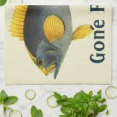 ヴィンテージ青と黄色のハタの魚、海洋生物 キッチンタオル (折り畳み)