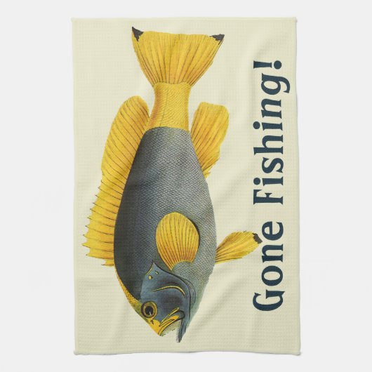 ヴィンテージ青と黄色のハタの魚、海洋生物 キッチンタオル (縦)
