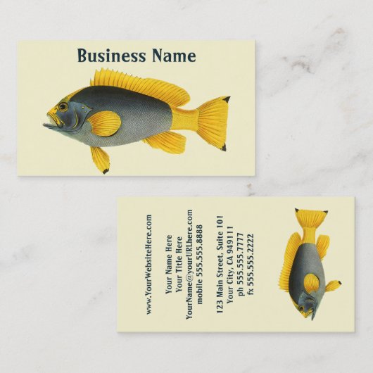 ヴィンテージ青と黄色のハタの魚、海洋生物 名刺 (正面/裏面)
