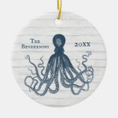 ヴィンテージ青タコオーナメントオン白木 セラミックオーナメント (正面)