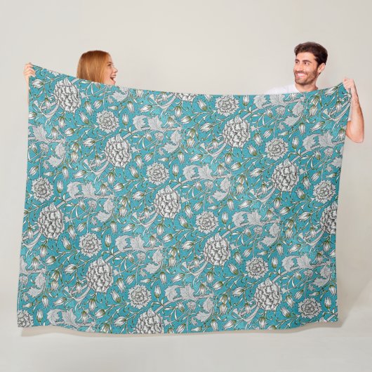 ヴィンテージ青フローラ銀葉花 フリースブランケット (インサイチュ)
