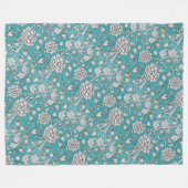 ヴィンテージ青フローラ銀葉花 フリースブランケット (正面(横))