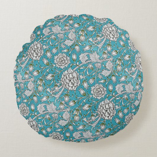 ヴィンテージ青フローラ銀葉花 ラウンドクッション (正面)