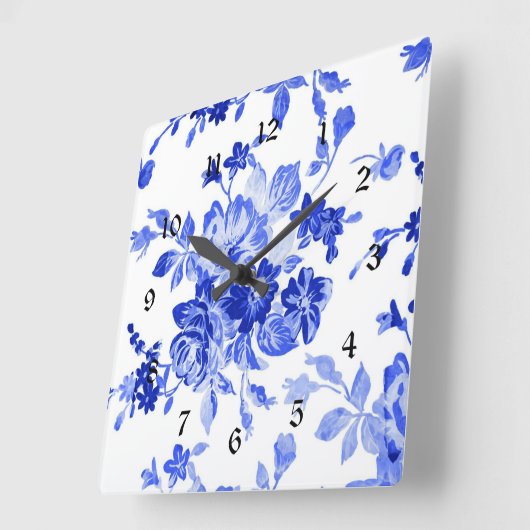 ヴィンテージ青白の花柄 スクエア壁時計 (傾斜)