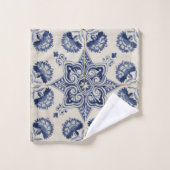 ヴィンテージ青色白色幾何学模様 バスタオルセット (ウォッシュタオル)